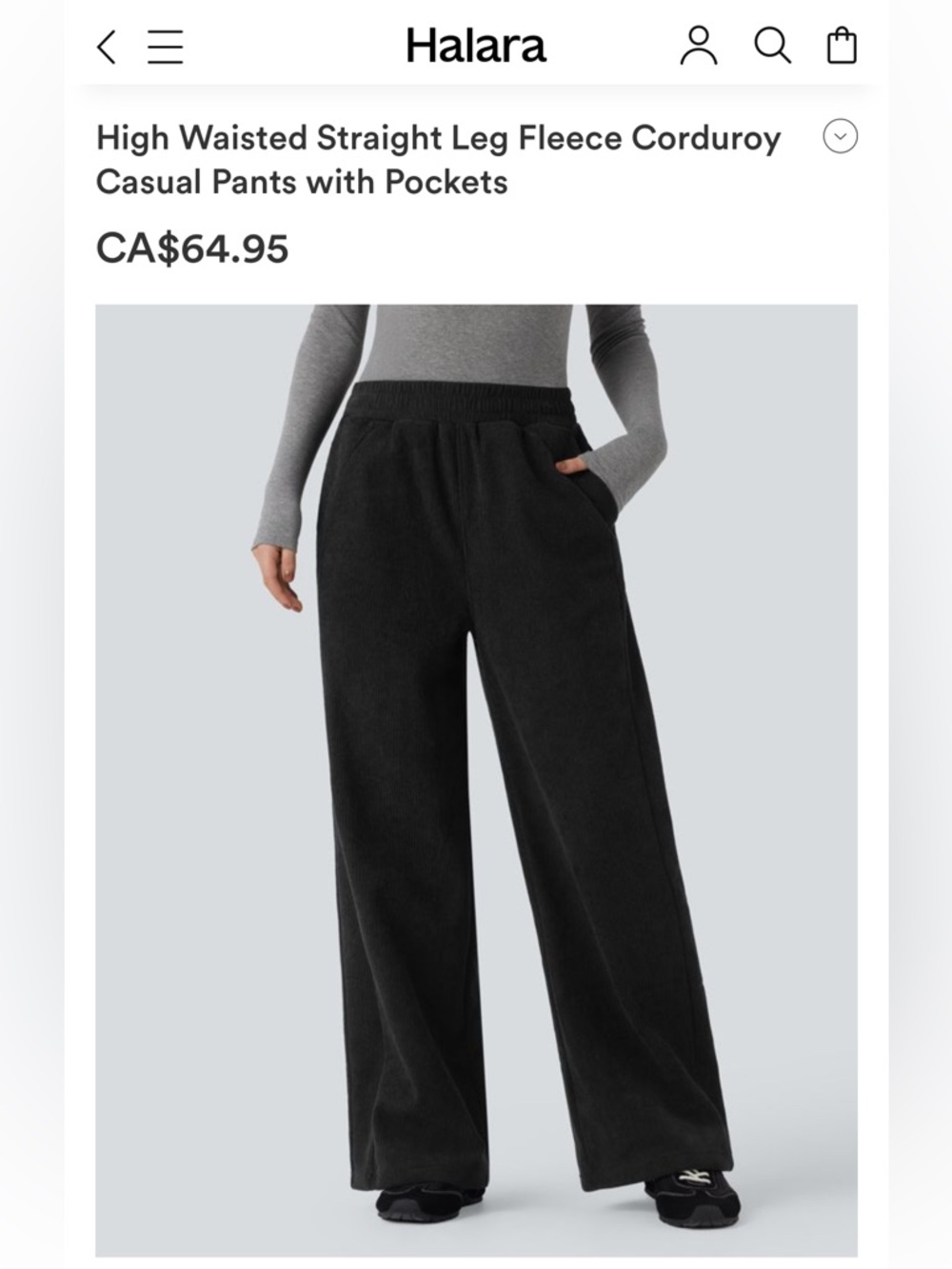 Halara Stretch Corduroy Pants LG/TALL High-Waisted Straight Leg-  Black MSRP$65